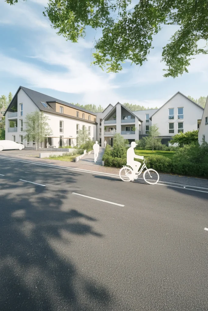 Hochformat-Visualisierung der modernen, barrierefreien Seniorenwohnungen in Fischerbach mit Grünflächen, Balkonen und zentraler Lage