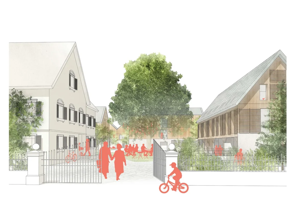 Visualisierung des Eingangsbereichs im Quartier Huck mit der sanierten Villa und modernen Wohnungen