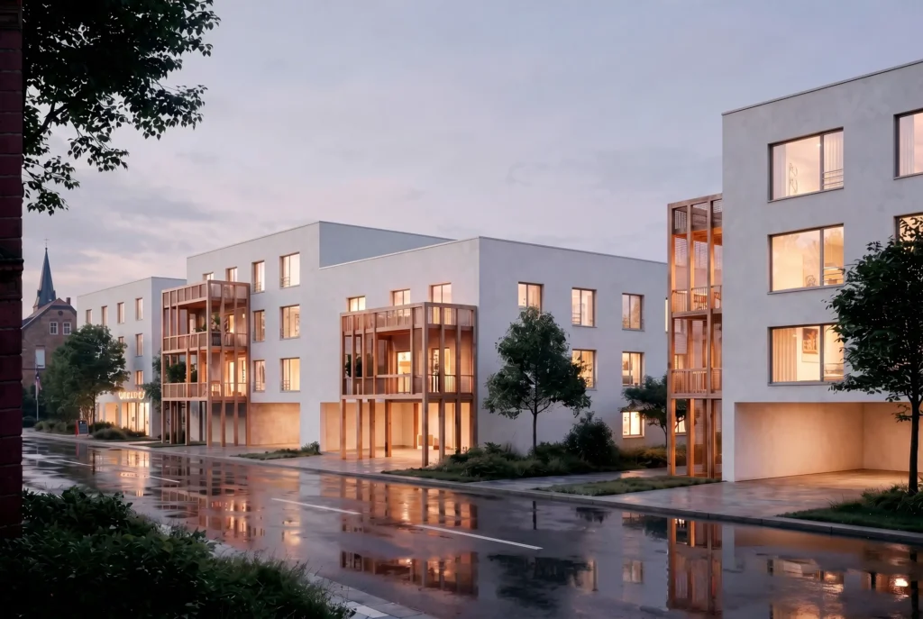 Visualisierung der neuen Wohnungen in Hausach im Wohnquartier gegenüber dem Bahnhof mit moderner Architektur und begrüntem Umfeld.