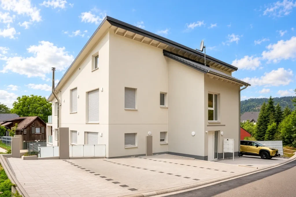 Straßenansicht des sanierten Wohnhauses mit Stellplätzen und moderner Fassade