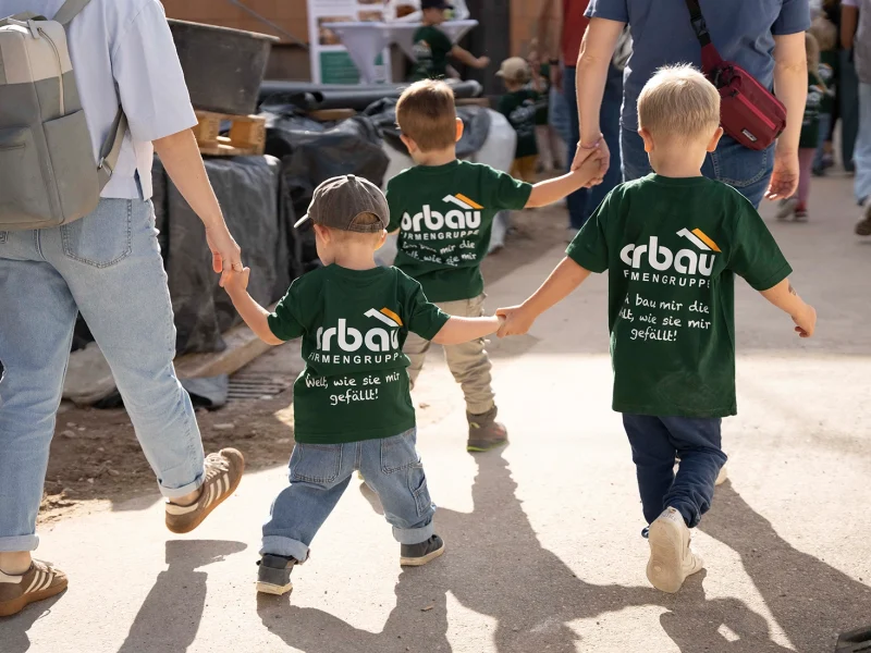 Kinder in grünen orbau T-Shirts erkunden gemeinsam die Baustelle in Biberach