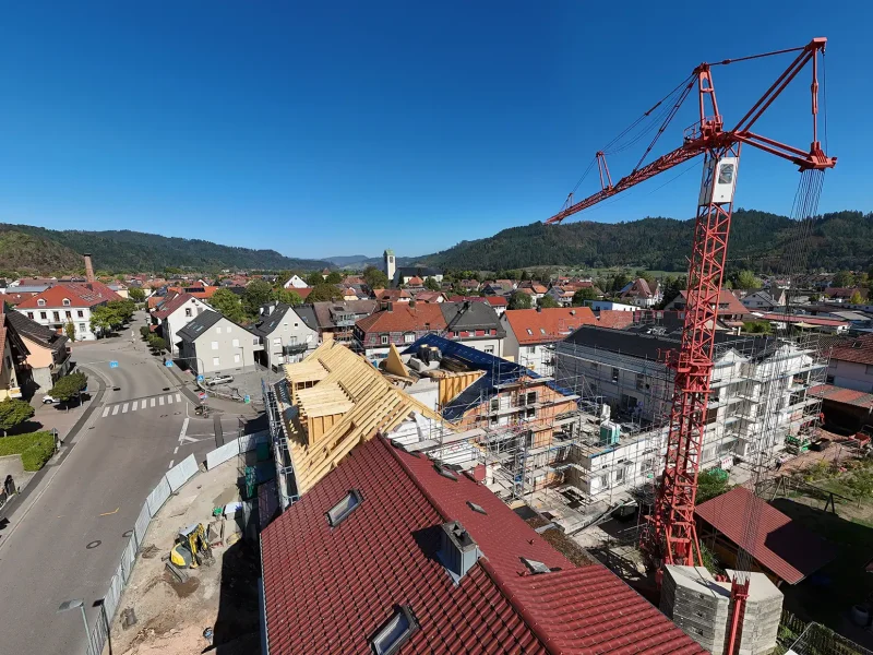 Neuer Dachstuhl beim Bauprojekt Gasthaus Kreuz in Biberach aus der Vogelperspektive