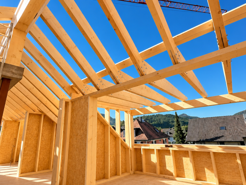 Holzdachstuhl mit sichtbaren Sparren und Baukran auf der Baustelle in Biberach