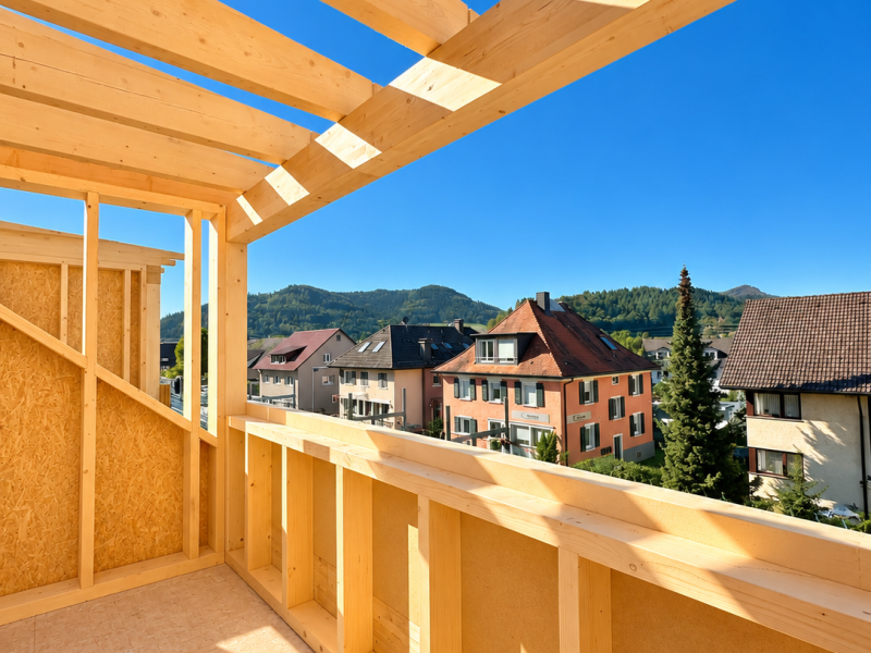 Dachkonstruktion in Holzbauweise mit Blick über Biberach beim Gasthaus Kreuz