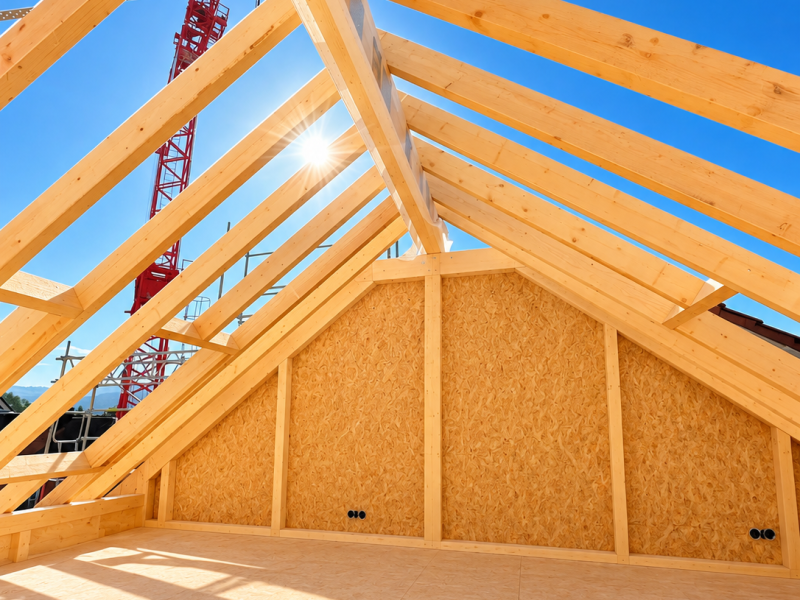 Neuer Dachstuhl aus Holz mit sichtbaren Sparren beim Gasthaus Kreuz in Biberach