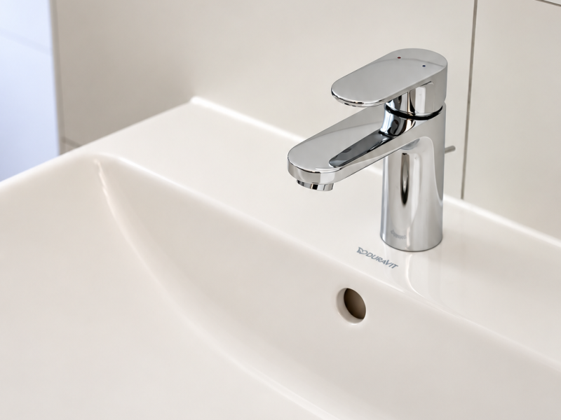 Modernes weißes Waschbecken mit verchromter Armatur im sanierten Badezimmer