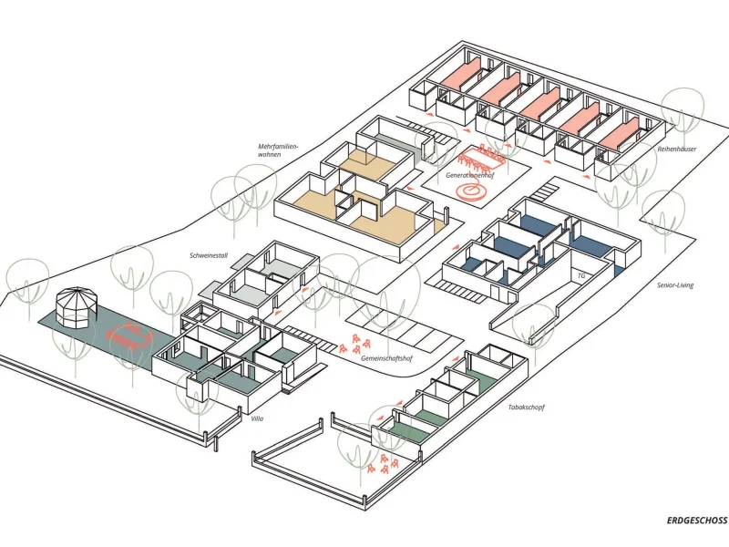Lageplan des Quartiers Huck in Neuried mit Mehrfamilienhaus, Reihenhäusern und barrierefreien Wohnungen