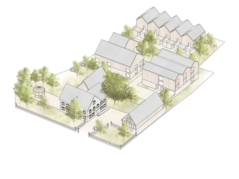 Gesamtansicht der neuen Wohnungen und Häuser im Quartier Huck in Neuried