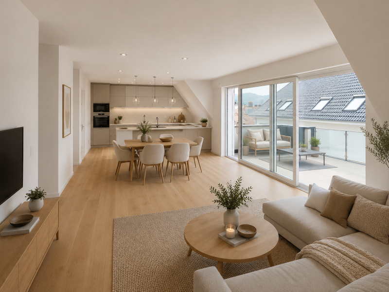Heller Wohnbereich mit offener Küche, Essbereich und Terrasse in einer modernen Wohnung