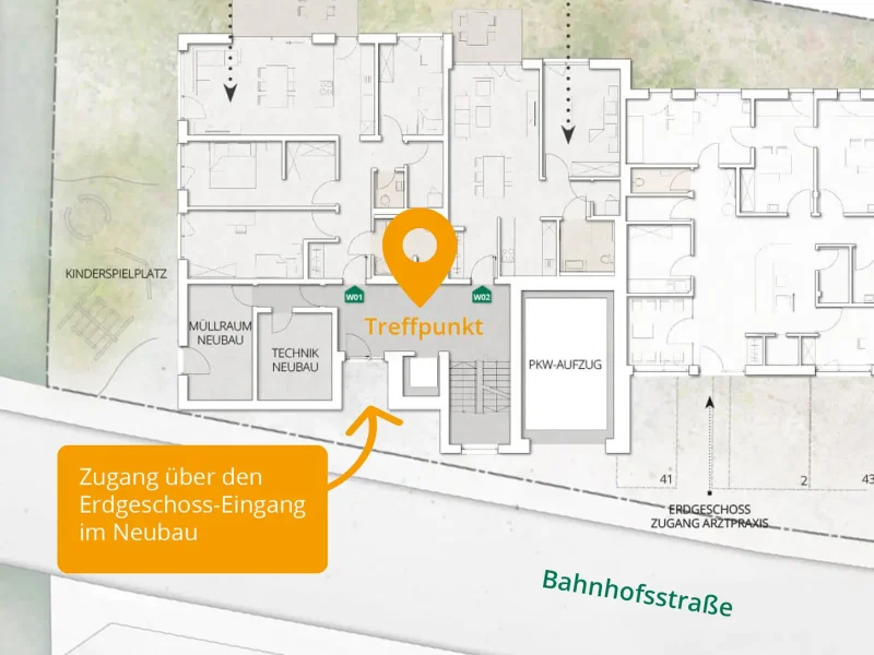 Lageplan mit Zugang über den Erdgeschoss-Eingang des Neubaus an der Bahnhofstraße in Biberach. Der Treffpunkt befindet sich im Flur vor Wohnung 01.